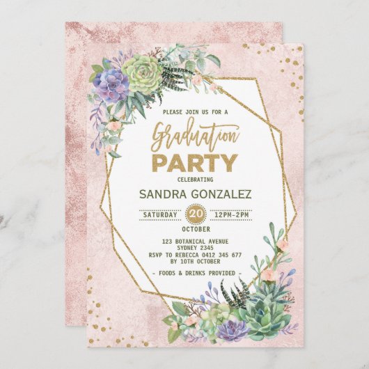 Roos Gold Fiesta Afstuderen nodigt geometrisch Lij Kaart (Voorkant / Achterkant)