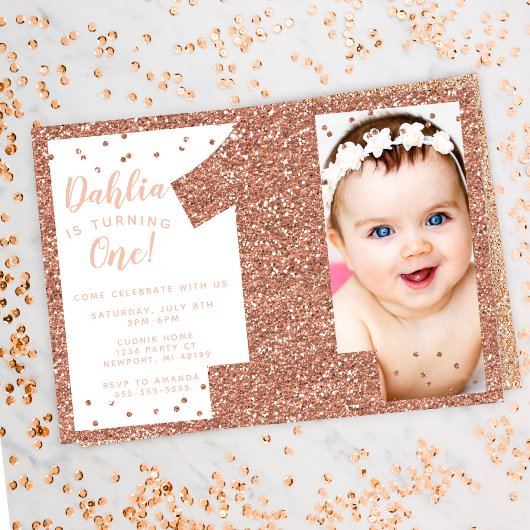 Roos Gold First Birthday Invitation, Faux Glitter Kaart