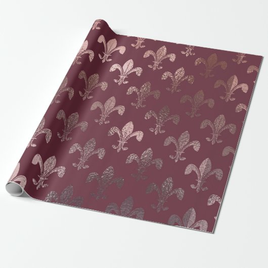 Roos Gold Fleur-de-Lis Pattern op Bourgogne Cadeaupapier (Uitgerold)