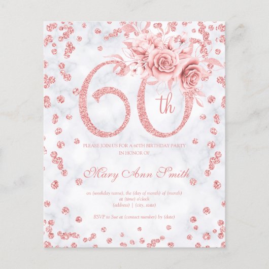 Roos Gold Floral 60th Birthday Marble Invitation Flyer (Voorkant)