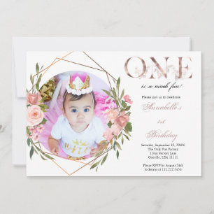 Roos Gold Floral Baby Girl 1e verjaardag Uitnodigi Aankondiging