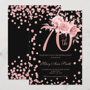 Roos Gold Floral & Confetti 70e verjaardag zwart Kaart