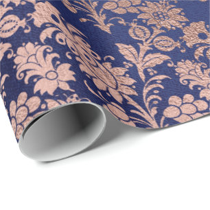 Roos Gold Floral Cottage Navy Damask Antonietta Cadeaupapier