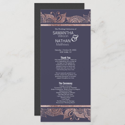 Roos Gold Floral en Navy Blue huwelijksprogramma's Programma (Voorkant / Achterkant)