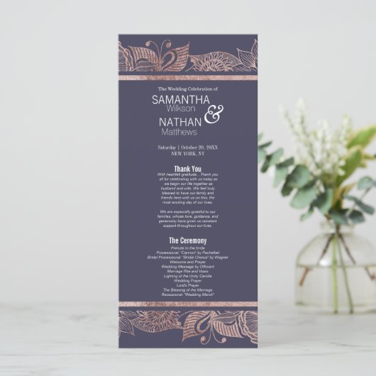 Roos Gold Floral en Navy Blue huwelijksprogramma's Programma (Staand voorkant)