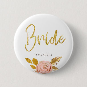 Roos Gold Floral Glitter Bride Button