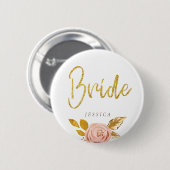 Roos Gold Floral Glitter Bride Button (Voorkant /achterkant)