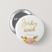 Roos Gold Floral Glitter Bridesmaid Button (Voorkant /achterkant)