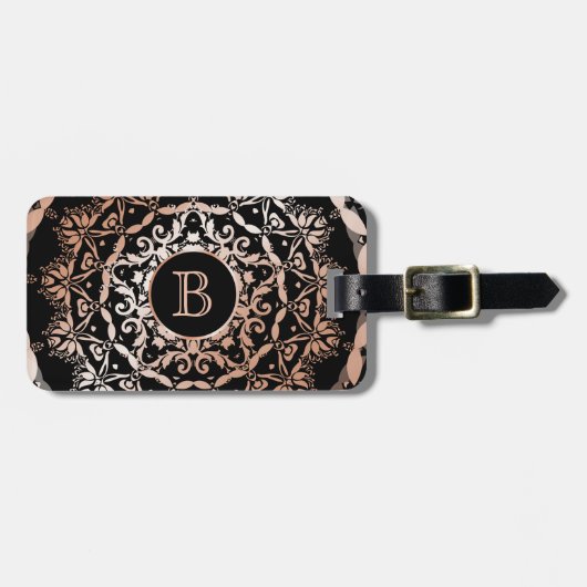 Roos Gold Floral Mandala Monogram Bagagelabel (Voorkant horizontaal)