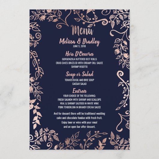 Roos Gold Floral Navy Blue Brush Menu (Voorkant)
