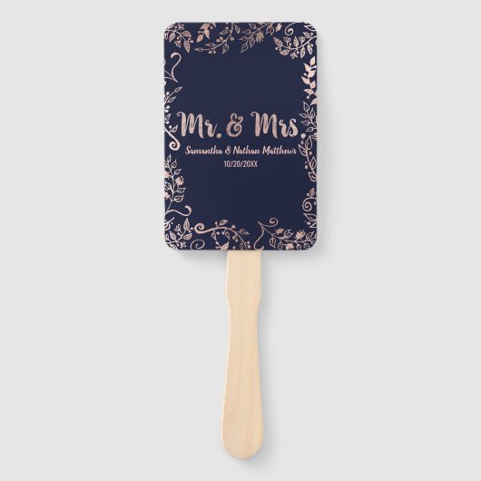Roos Gold Floral Navy Blue Brush Script Programma Handwaaier (Voorkant)