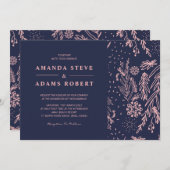 Roos Gold Floral Pattern Navy Blue Stylish Wedding Kaart (Voorkant / Achterkant)