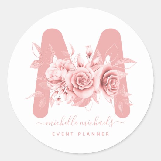 Roos Gold Floral Waterverf Monogram Ronde Sticker (Voorkant)