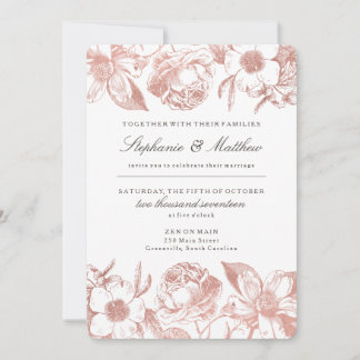 Roos Gold  Floral Wedding Invitation Kaart
