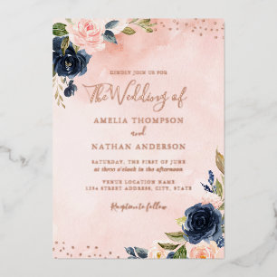 ROOS GOLD FOIL Blush Navy Floral Wedding Folie Uitnodiging