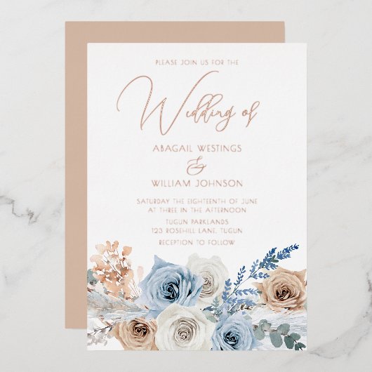 Roos Gold Foil Boho Blue Wedding Folie Uitnodiging (Voorkant / Achterkant)