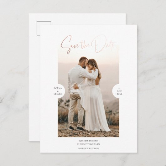 Roos Gold Foil Effect Script De datum Kaart opslaa (Voorkant / Achterkant)