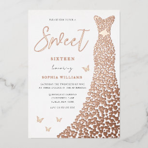 Roos Gold Foil Heart Dress Butterfly Sweet 16 Folie Uitnodiging
