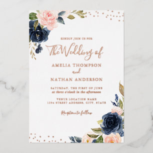 ROOS GOLD FOIL Navy Pink Floral Wedding Folie Uitnodiging