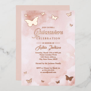 ROOS GOLD FOIL Roze Butterfly Quinceanera Folie Uitnodiging