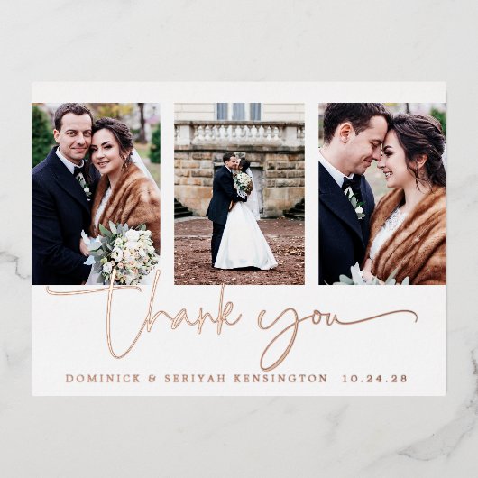 Roos Gold Foil Script Photo Weddenschap Bedankt Folie Uitnodiging Briefkaart (Voorkant)