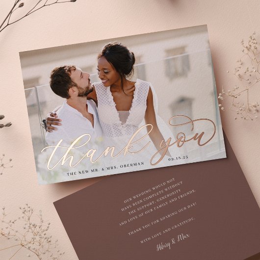 Roos Gold Foil Script Weduwfoto Hartelijk dank Folie Uitnodiging