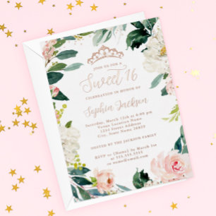 ROOS GOLD FOIL Tiara Pink Floral Sweet 16 Folie Uitnodiging