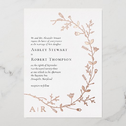 Roos Gold Foil Vine Scroll Wedding Invitation Folie Uitnodiging (Voorkant)