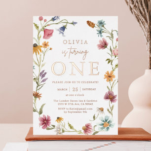 Roos Gold Foil Wildbloem Theme Girl 1e verjaardag Folie Uitnodiging
