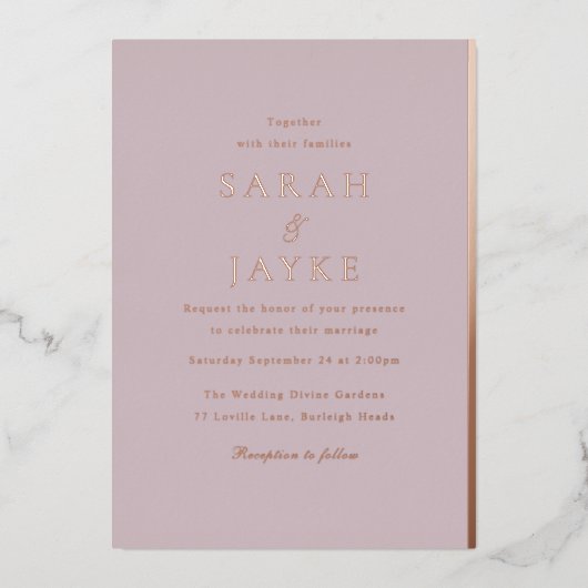 Roos Gold Folie Elegant Modern Wedding Folie Uitnodiging (Voorkant)