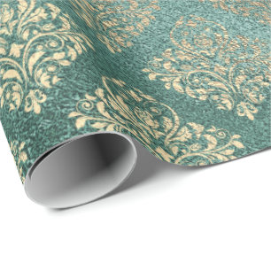 Roos Gold Foxier Damask Blauwgroen glanzend glas m Cadeaupapier