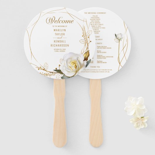 Roos Gold Geometric Floral Wedding Handwaaier (Voorkant en achterkant)