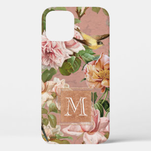 Roos Gold Girly Floral Dusty Pink Sparkle Monogram iPhone 12 Hoesje