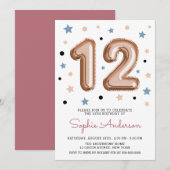 Roos Gold Girly Modern Balloon 12e Verjaardagsfees Kaart (Voorkant / Achterkant)