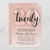 Roos Gold Glitter 20e verjaardag Uitnodiging (Voorkant / Achterkant)