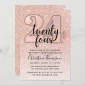 Roos Gold Glitter 24th Birthday Invitation Kaart (Voorkant / Achterkant)