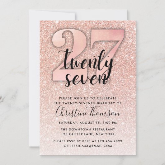 Roos Gold Glitter 27th Birthday Invitation Kaart (Voorkant)
