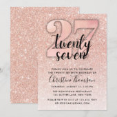 Roos Gold Glitter 27th Birthday Invitation Kaart (Voorkant / Achterkant)