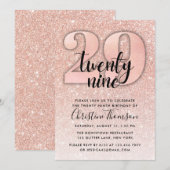 Roos Gold Glitter 29th Birthday Invitation Kaart (Voorkant / Achterkant)