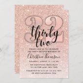 Roos Gold Glitter 32e verjaardag Uitnodiging (Voorkant / Achterkant)