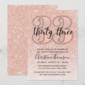 Roos Gold Glitter 33rd Birthday Invitation Kaart (Voorkant / Achterkant)