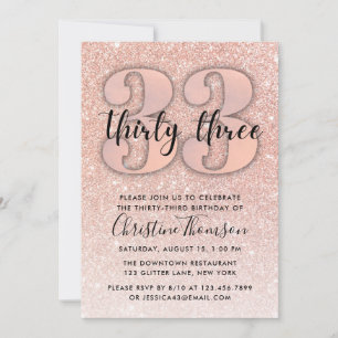 Roos Gold Glitter 33rd Birthday Invitation Kaart