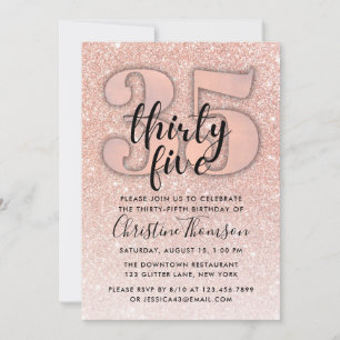 Roos Gold Glitter 35th Birthday Invitation Kaart