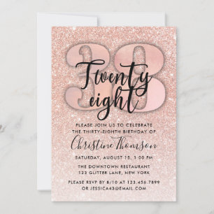 Roos Gold Glitter 38th Birthday Invitation Kaart