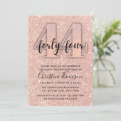 Roos Gold Glitter 44th Birthday Invitation Kaart (Staand voorkant)