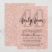 Roos Gold Glitter 44th Birthday Invitation Kaart (Voorkant / Achterkant)