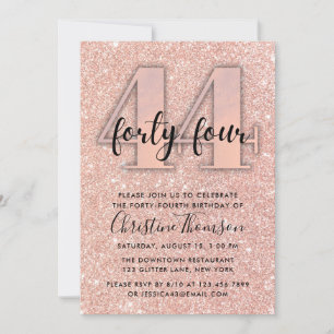 Roos Gold Glitter 44th Birthday Invitation Kaart