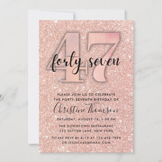 Roos Gold Glitter 47th Birthday Invitation Kaart (Voorkant)