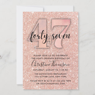 Roos Gold Glitter 47th Birthday Invitation Kaart