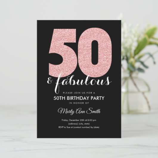 Roos Gold Glitter 50 & Fabulous Birthday Party Kaart (Staand voorkant)